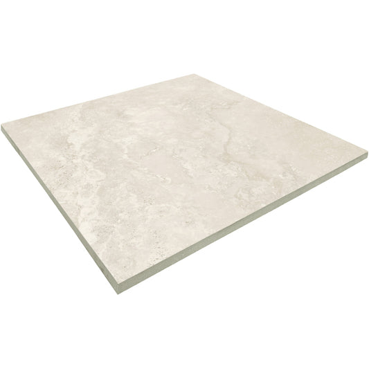 Single Norcia Travertine Light External Rectified Paver 600x600x20mm shown in a pack-shot angle, displaying its cream and beige matte stone-effect surface with subtle natural veining.