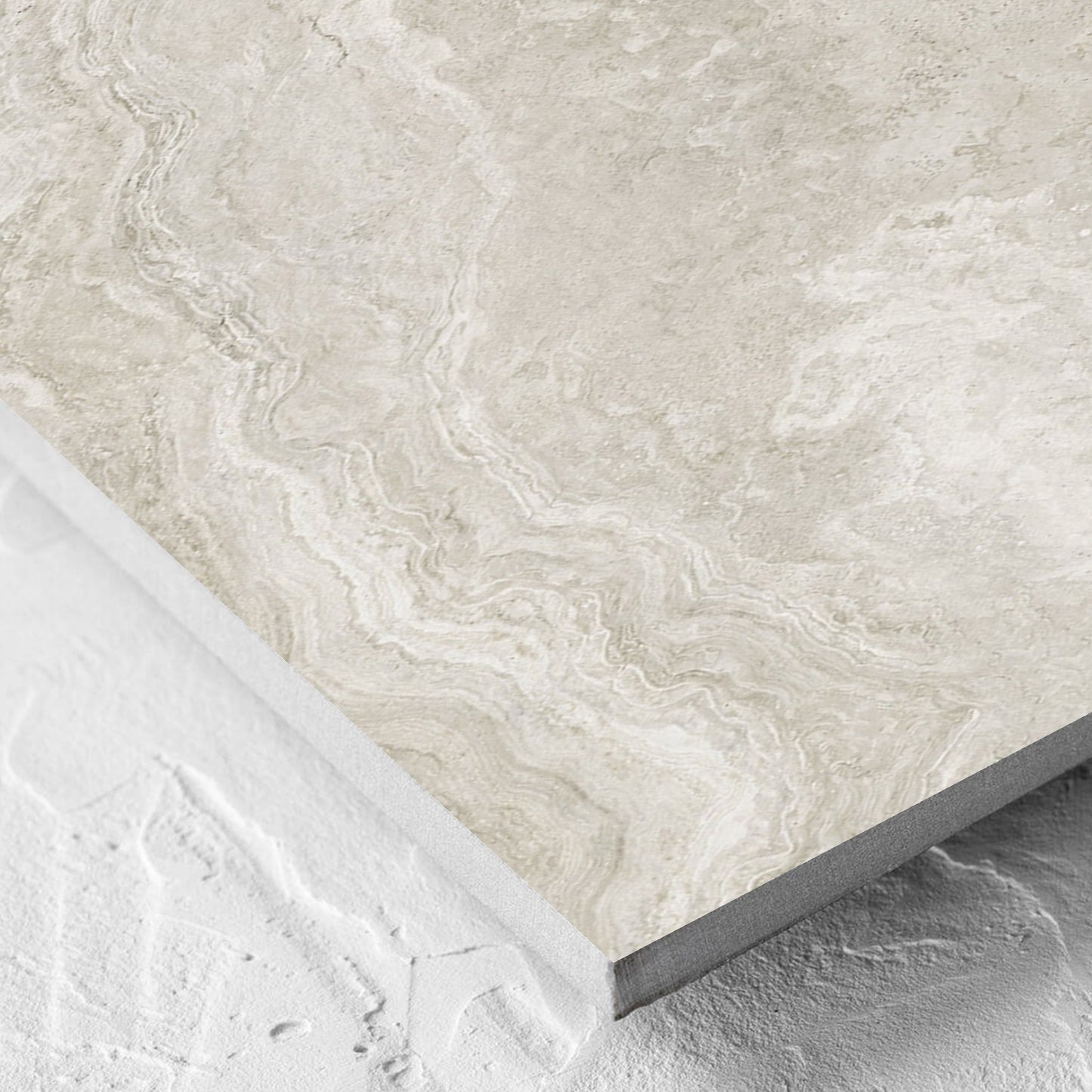 Corner close-up of the Norcia Travertine Silver Decor 300x600mm tile showing the tile surface and the edge profile