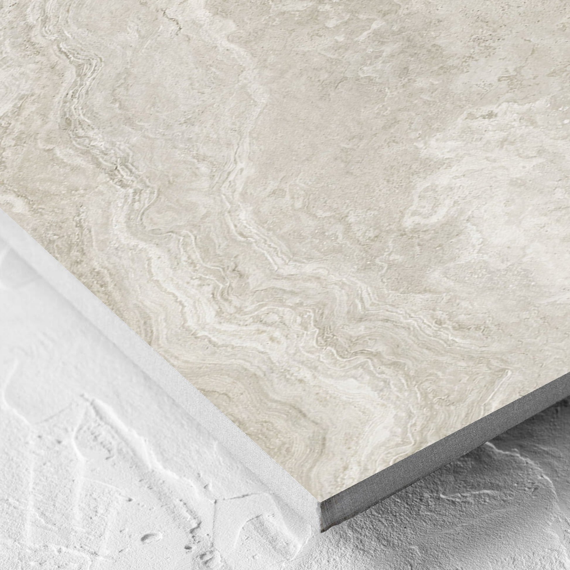 Corner close-up of the Norcia Travertine Silver Decor 300x600mm tile showing the tile surface and the edge profile