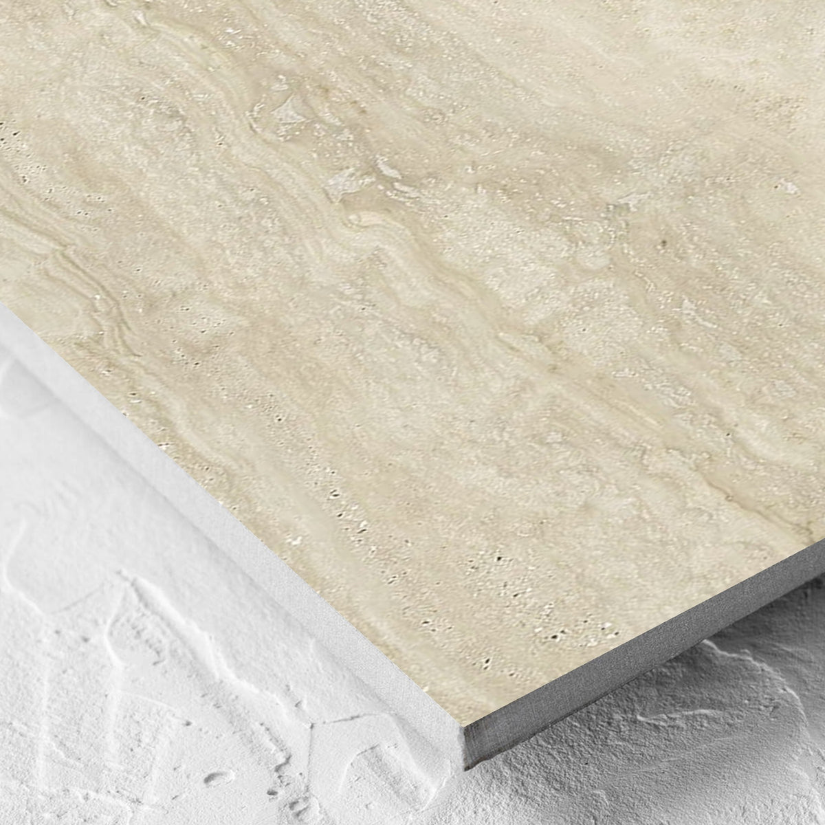 Corner close-up of the Norcia Vein Cut Beige 300x600mm tile showing the beige matt surface and the edge profile