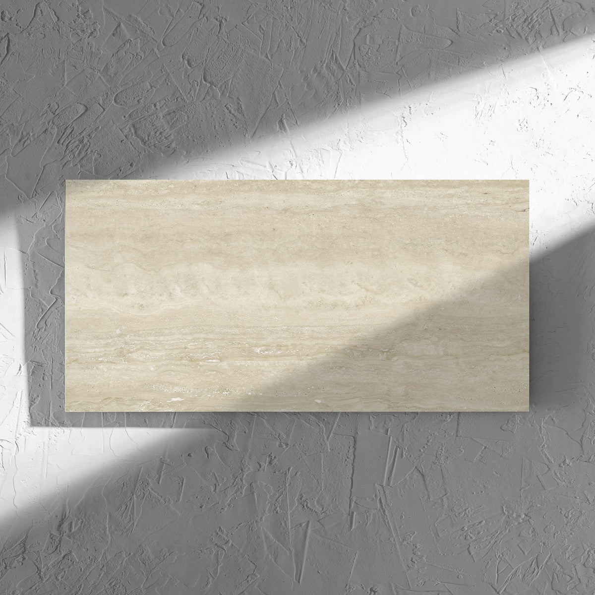 Norcia Vein Cut Beige 300x600mm tile in soft natural window light, showing the beige matt surface