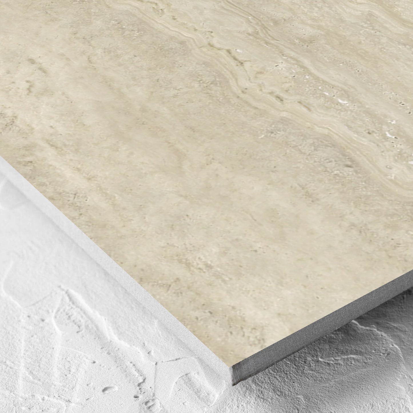 Corner close-up of the Norcia Vein Cut Beige 600x600mm tile showing the beige matt surface and the edge profile