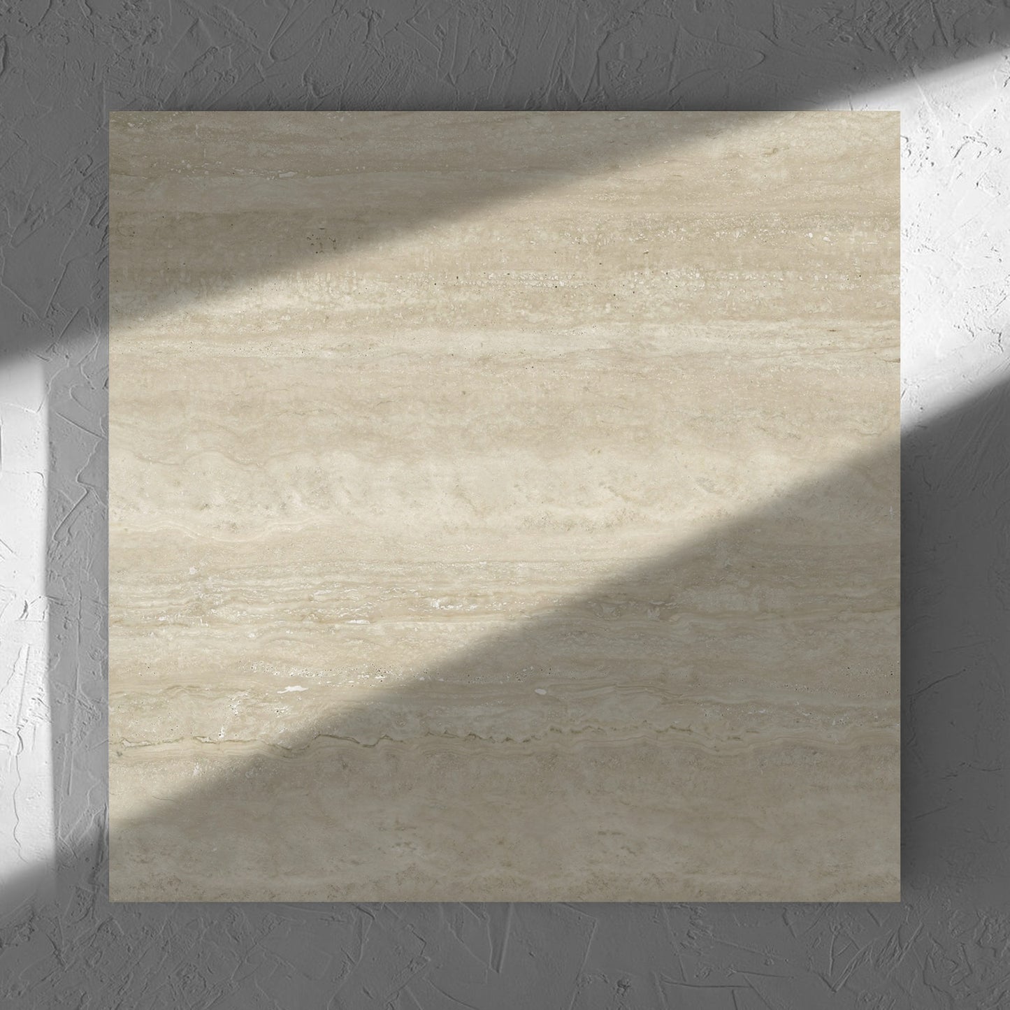 Norcia Vein Cut Beige 600x600mm tile in soft natural window light, showing the beige matt surface