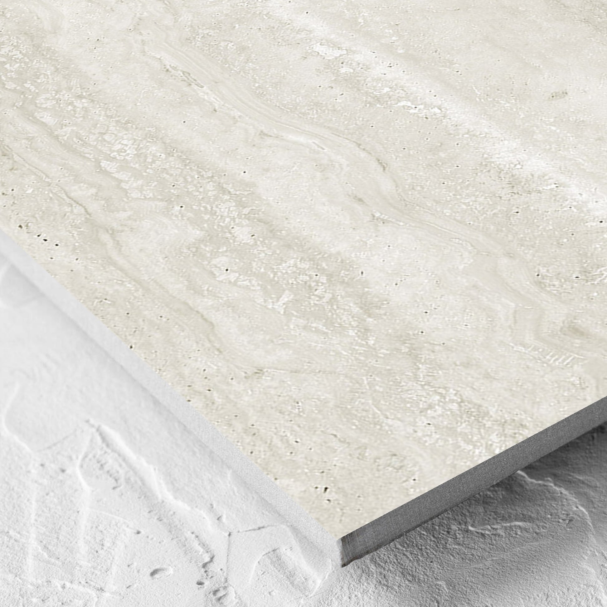 Corner close-up of the Norcia Vein Cut Light 600x600mm tile showing the light grey matt surface and the edge profile