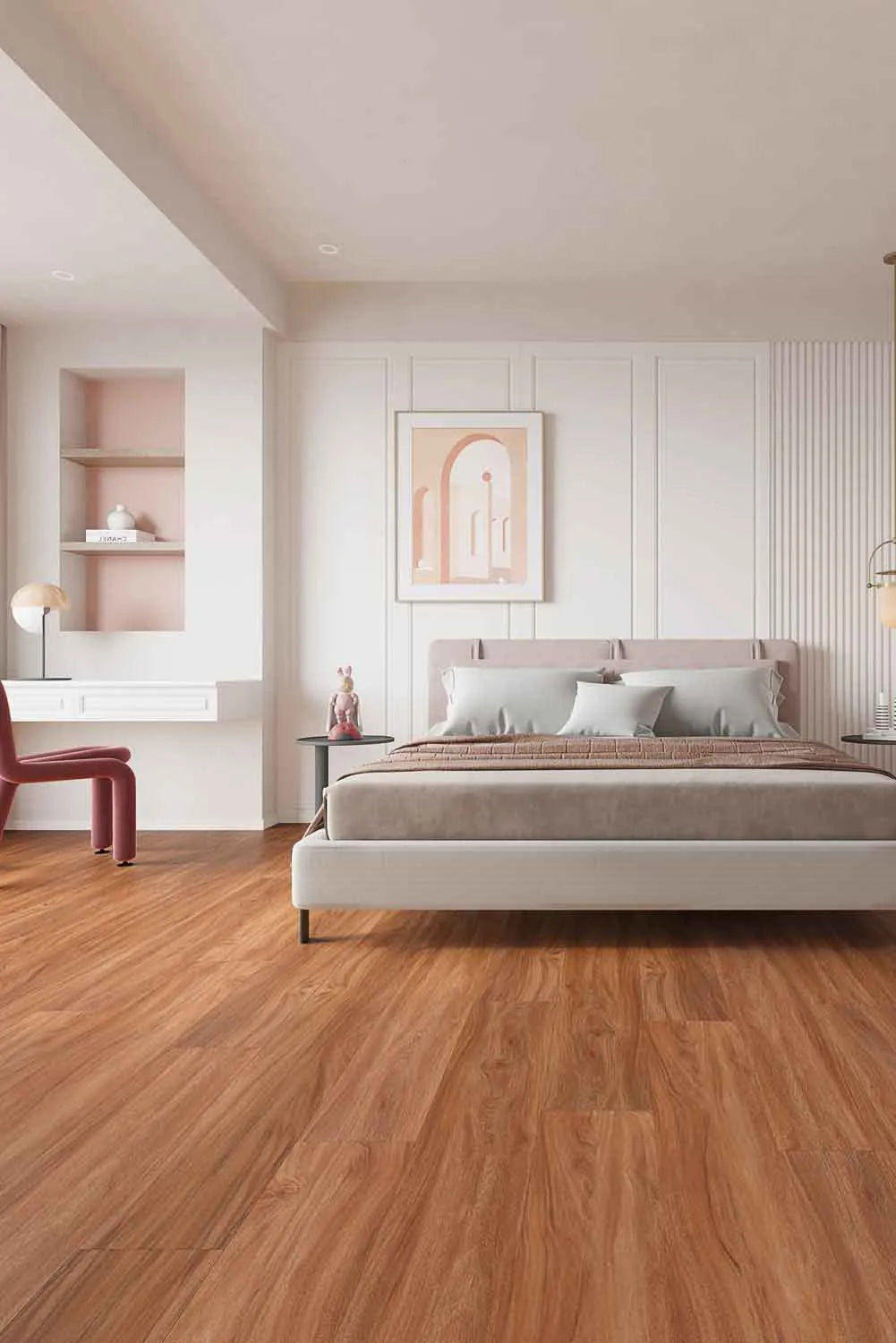 NSW Spotted Gum Elegant SPC Hybrid 6.5mm Flooring 5+1.5mm installed in a bright modern bedroom with a upholstered bed, floating desk, and pink accent chair.
