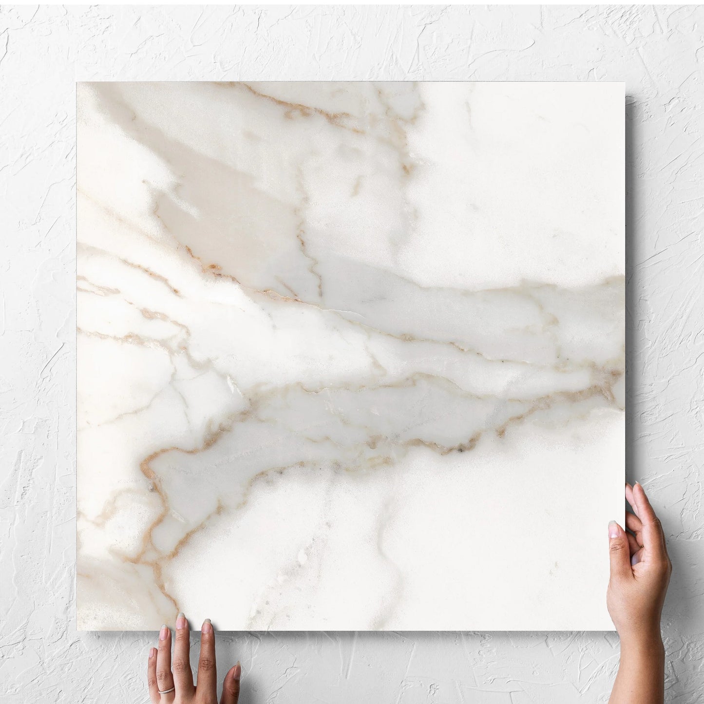Hand holding a single Nuovi Marmi Calacatta Gold Matt 600x600mm tile against a white rendered wall, showing the matt surface