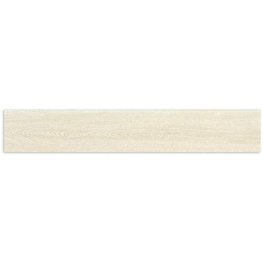 Single plank tile of Oakland Balsa 200x1200mm showcasing a light cream wood-effect finish with subtle grain texture.