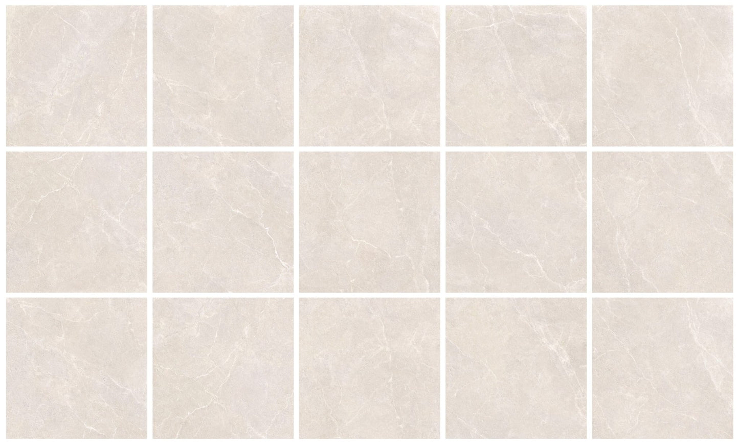 Oglio Beige 600x600mm ceramic floor tiles arranged in a 5x3 grid, showcasing a soft cream tone with subtle marble-effect veining and a matt finish.