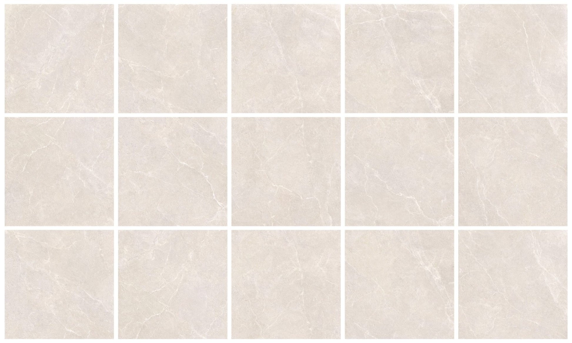 Oglio Beige 600x600mm ceramic floor tiles arranged in a 5x3 grid, showcasing a soft cream tone with subtle marble-effect veining and a matt finish.