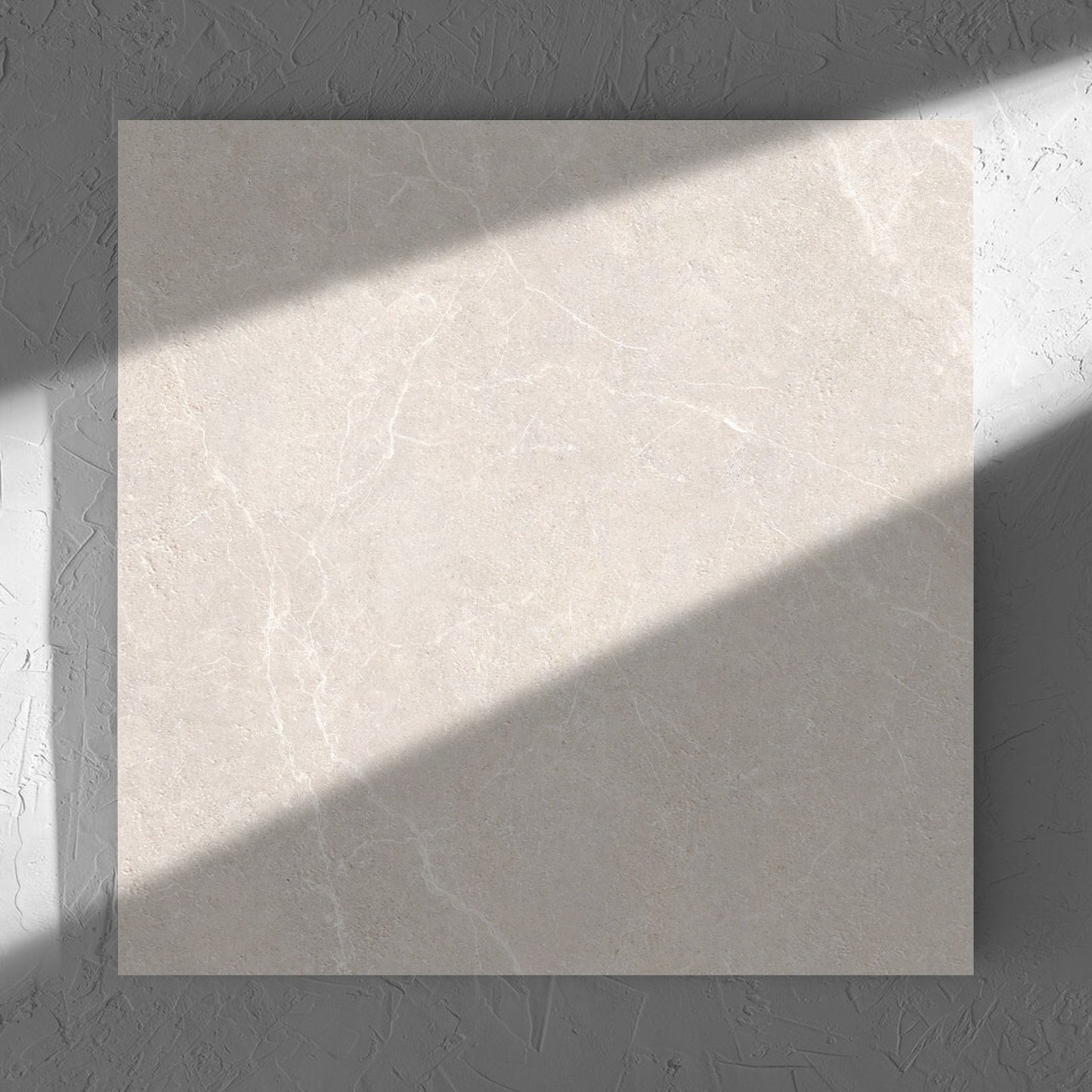 Oglio Beige Lappato 600x600mm tile in soft natural window light, showing the lappato surface
