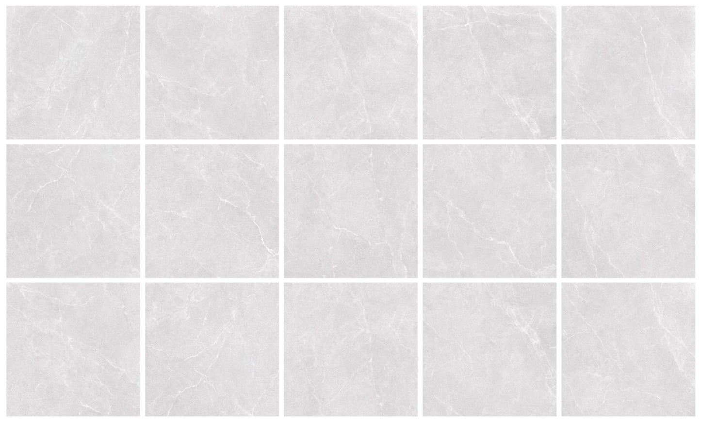 Oglio Silver 600x600mm porcelain tiles arranged in a grid layout showing subtle grey marble-effect veining on a light white-grey polished surface.