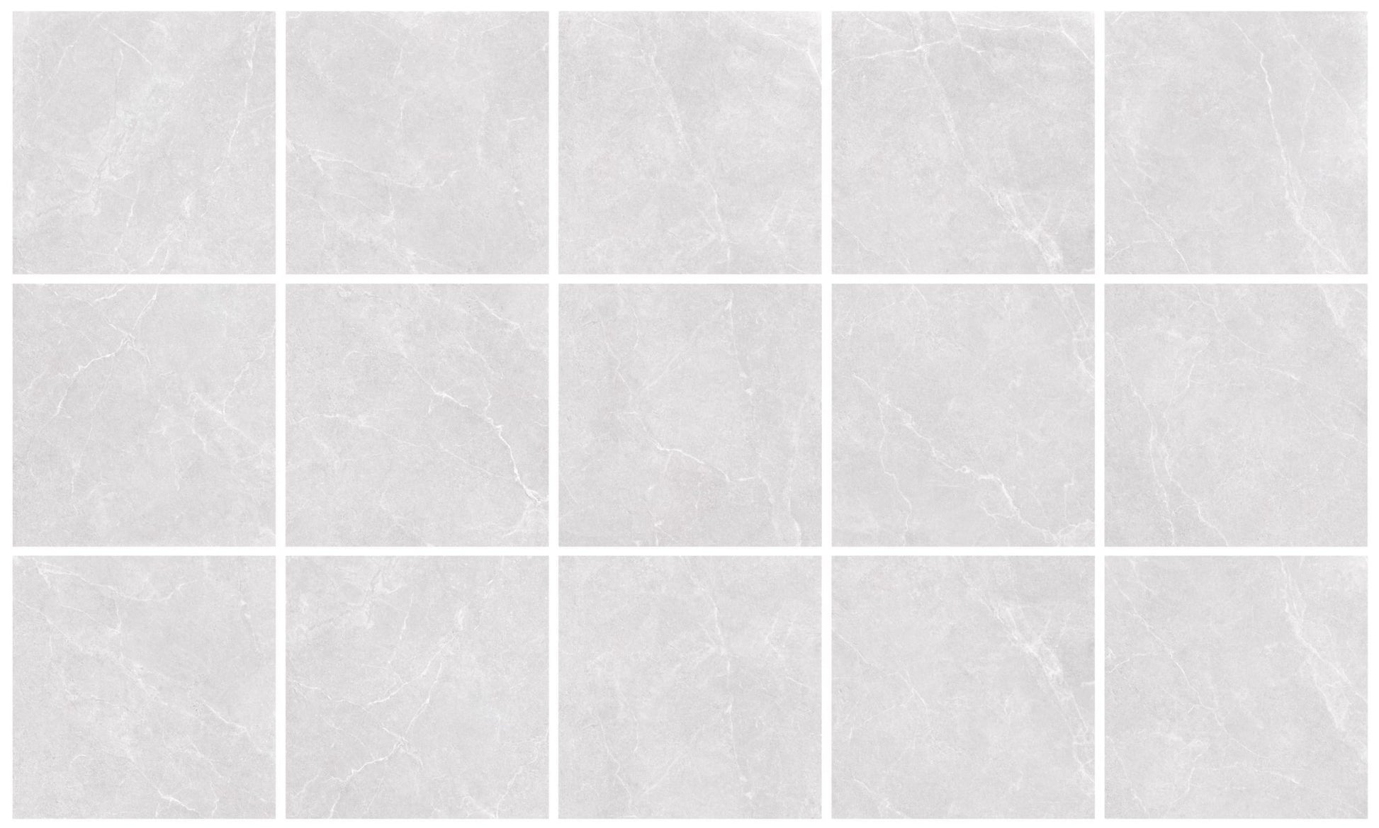 Oglio Silver 600x600mm porcelain tiles arranged in a grid layout showing subtle grey marble-effect veining on a light white-grey polished surface.