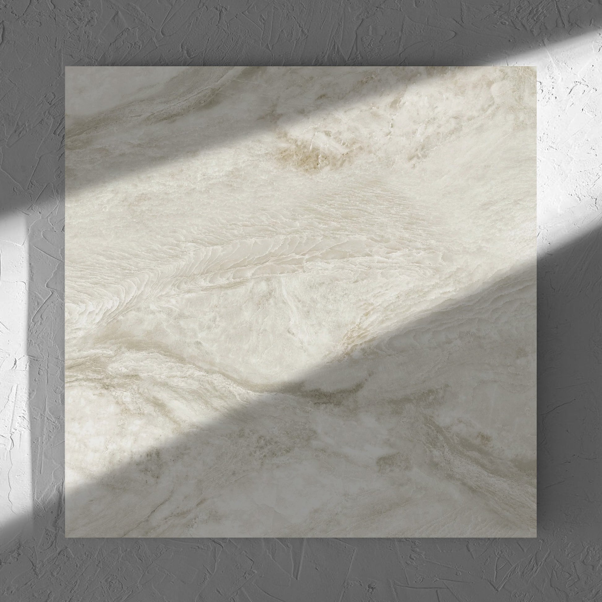 Onyx Beige Matt 600x600mm tile in soft natural window light, showing the matt surface