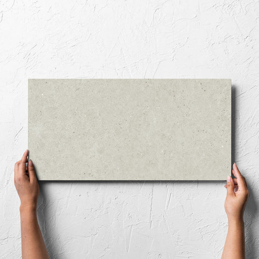 Hand holding a single Organic Pietra Lavica Birch 300x600mm tile against a white rendered wall, showing the tile surface