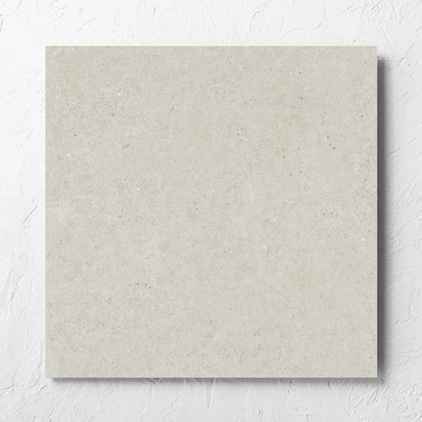 Organic Pietra Lavica Birch 600x600mm tile laid flat on a white rendered wall, showing the tile surface