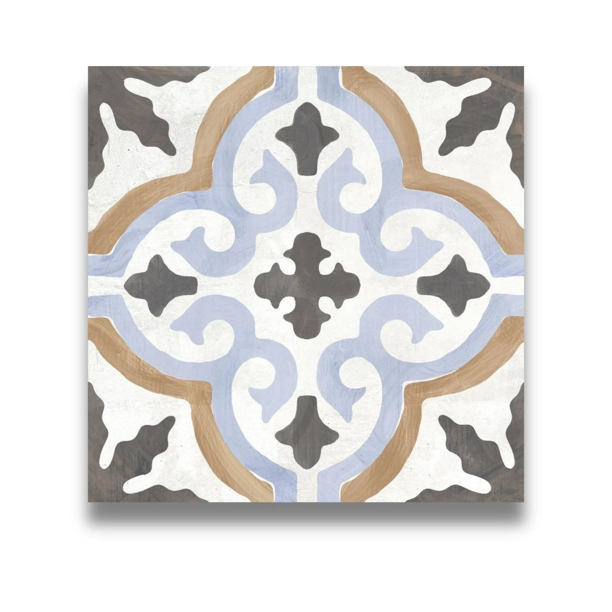 Paint Romantico Decor 205x205mm encaustic-style square tile featuring a symmetrical scrollwork pattern in blue, tan, white, and charcoal.