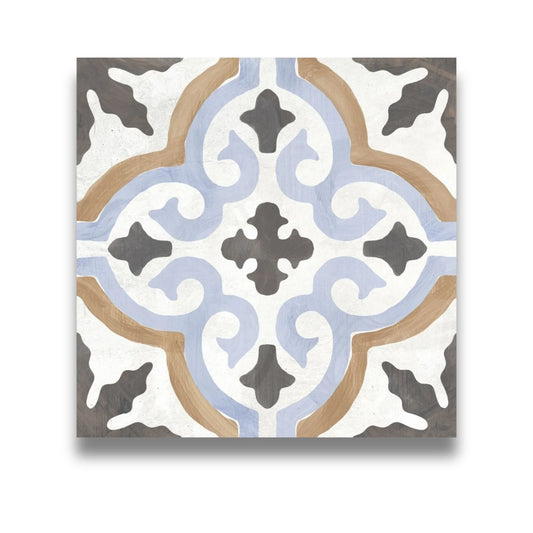 Paint Romantico Decor 205x205mm encaustic-style square tile featuring a symmetrical scrollwork pattern in blue, tan, white, and charcoal.