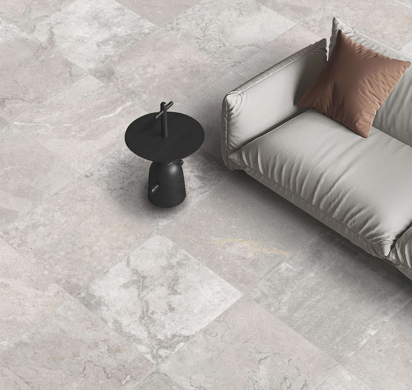 Paradise Noumea Glass Mosaic Pool Safe 300x300mm large-format light grey stone-look floor tiles styled in a modern living room with a linen sofa and black side table.