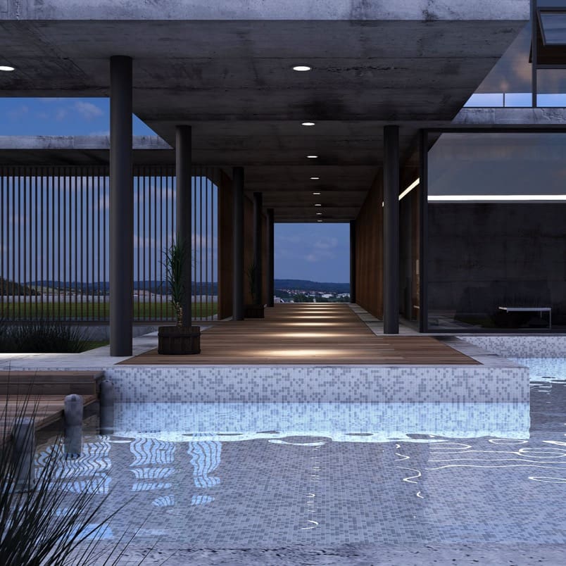 Paradise Noumea Glass Mosaic Pool Safe 300x300mm tiles lining a luminous infinity pool beside a timber walkway in a dramatic concrete luxury residence at dusk.