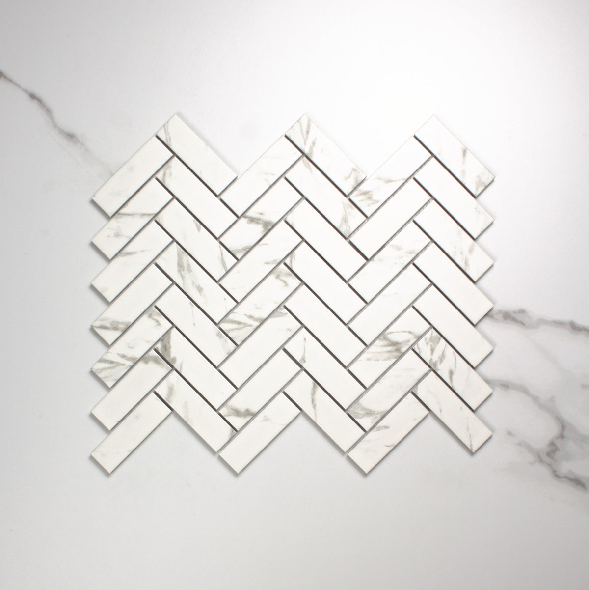 Carrara Look Matt Porcelain Glazed Herringbone Bond 23x73mm top view