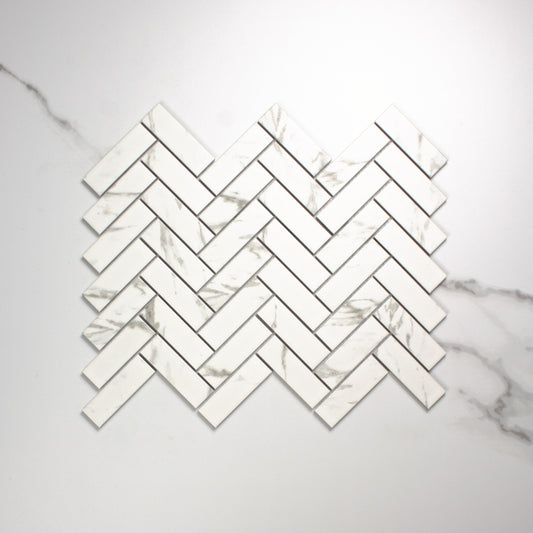 Carrara Look Matt Porcelain Glazed Herringbone Bond 23x73mm top view