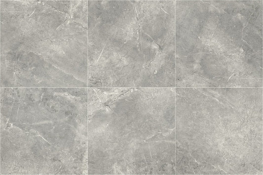 Potifino Nero Matt 600x600mm grey stone-effect porcelain tiles arranged in a six-tile flat-lay showing natural veining and matte surface texture.