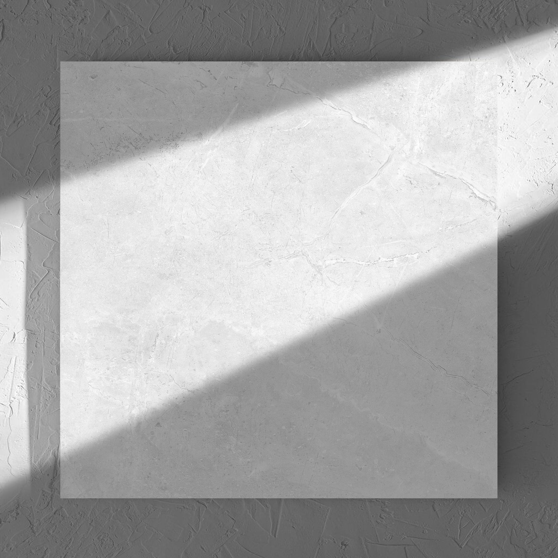 Potifino White Polished 600x600mm tile in soft natural window light, showing the matt surface
