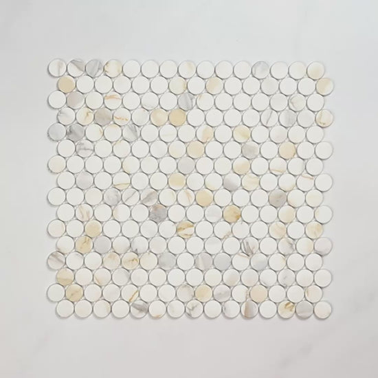 Boutique Calacatta Gold Mix Recycled Glass Penny Round 290x315mm tile video