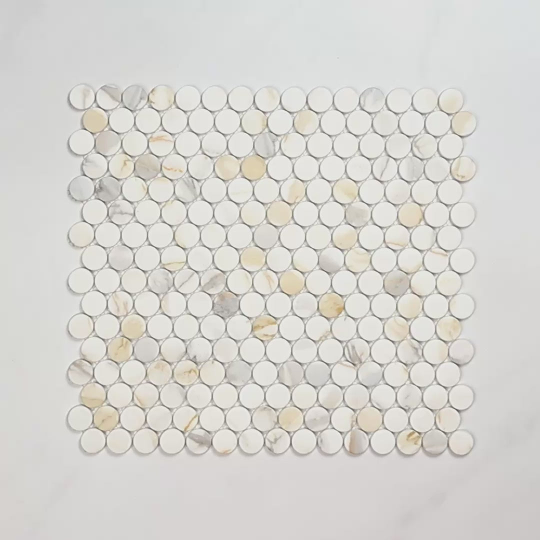 Boutique Calacatta Gold Mix Recycled Glass Penny Round 290x315mm tile video