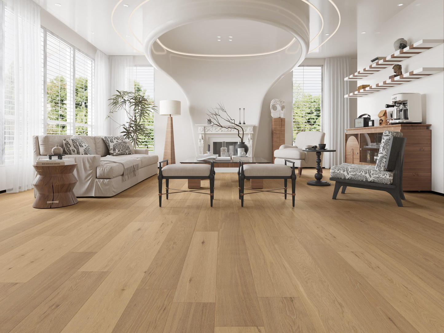 Raw Neutral Classique Oak Flooring 14/2mm installed in a bright open-plan living room with sculptural ceiling light and contemporary furniture.