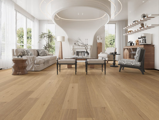 Raw Neutral Classique Oak Flooring 14/2mm installed in a bright open-plan living room with sculptural ceiling light and contemporary furniture.