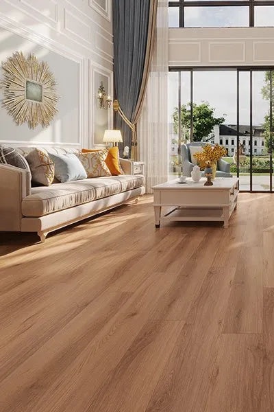 Raw Neutral Elegant SPC Hybrid 6.5mm Flooring 5+1.5mm installed in a bright living room with a beige sofa, white coffee table, and floor-to-ceiling windows.