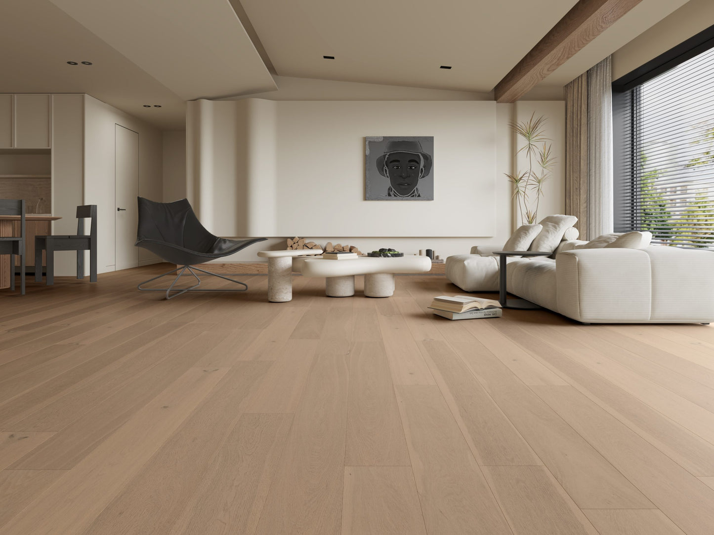 Raw White Classique Oak Flooring 14/2mm installed in a spacious open-plan living room with a cream sofa, sculptural coffee table, and large windows.