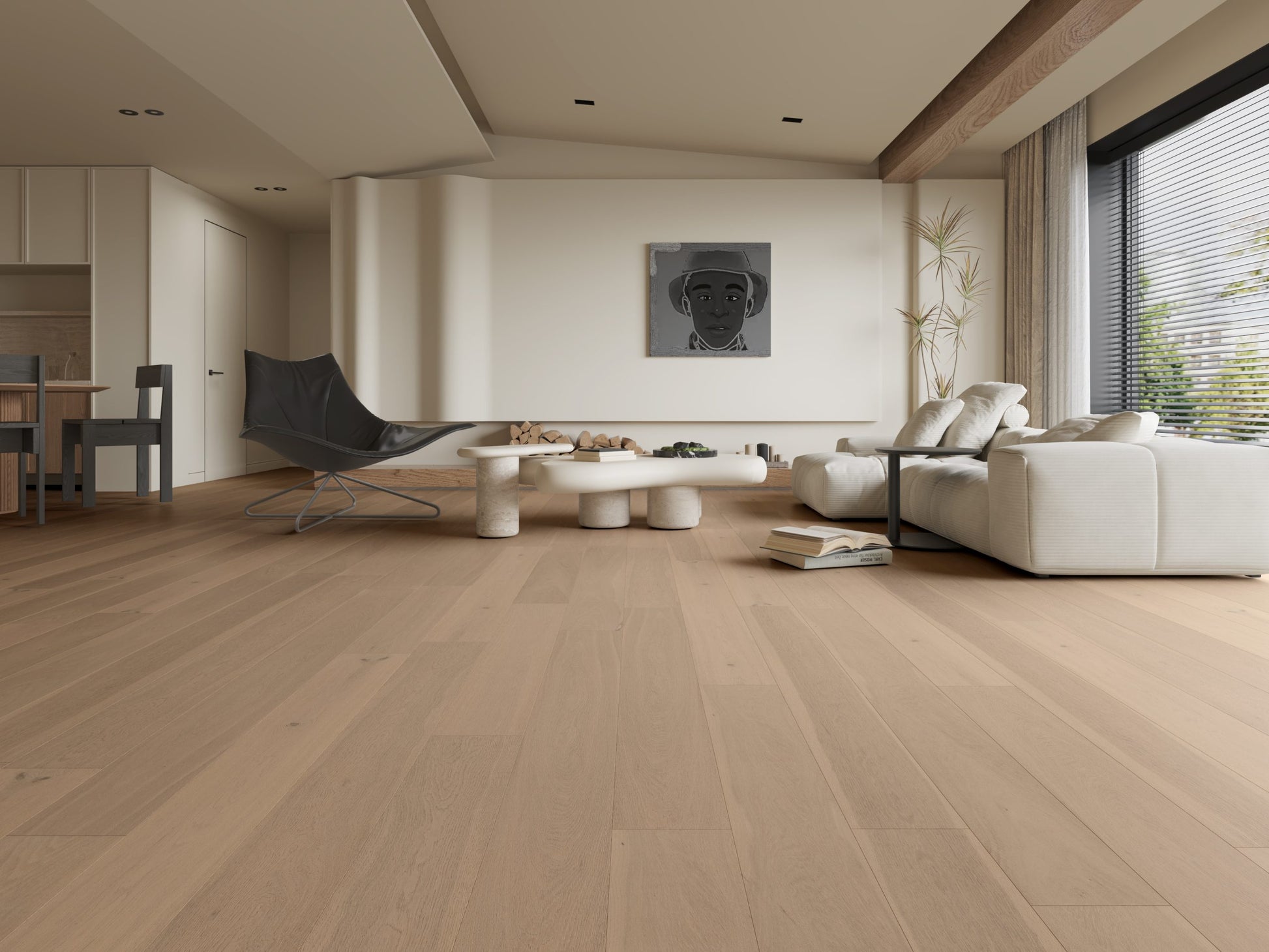 Raw White Classique Oak Flooring 14/2mm installed in a spacious open-plan living room with a cream sofa, sculptural coffee table, and large windows.