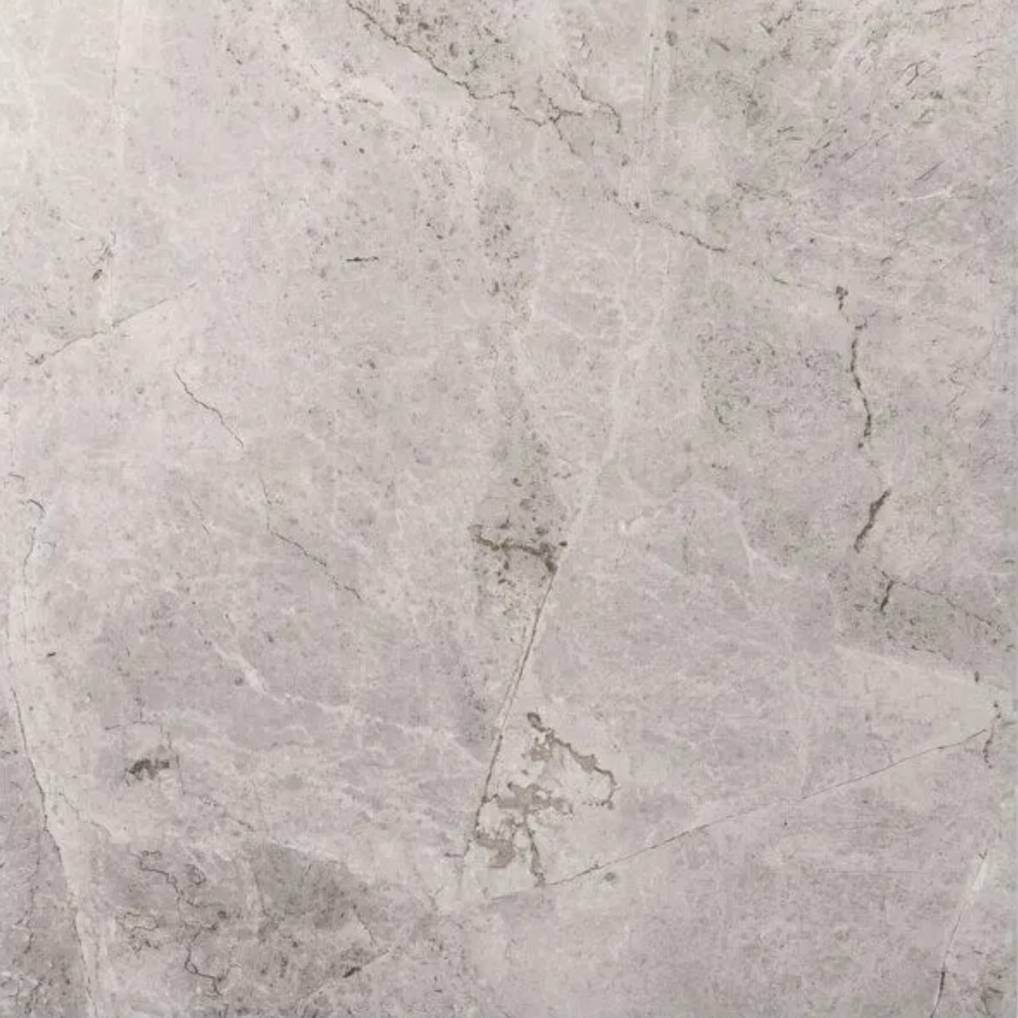 Close-up of Riviera Grigio 600x600mm porcelain tile showing a soft grey marble-effect surface with subtle veining and natural stone variation.