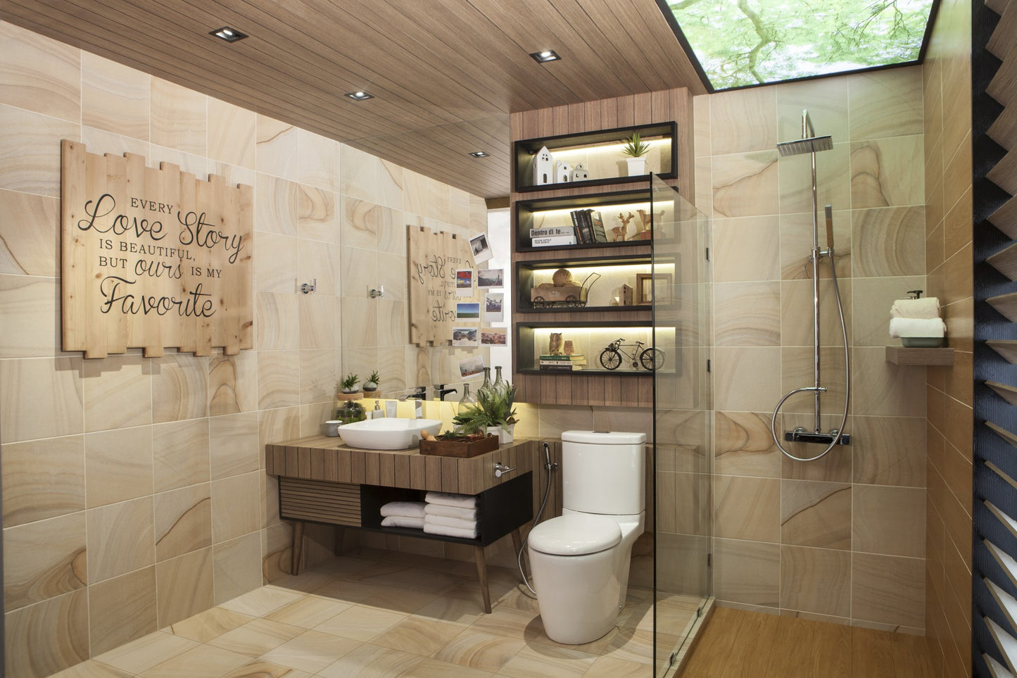 Sand Spa Beige 300x600mm tiles installed in a warm natural bathroom featuring a timber vanity, open shelving, and glass-enclosed shower.