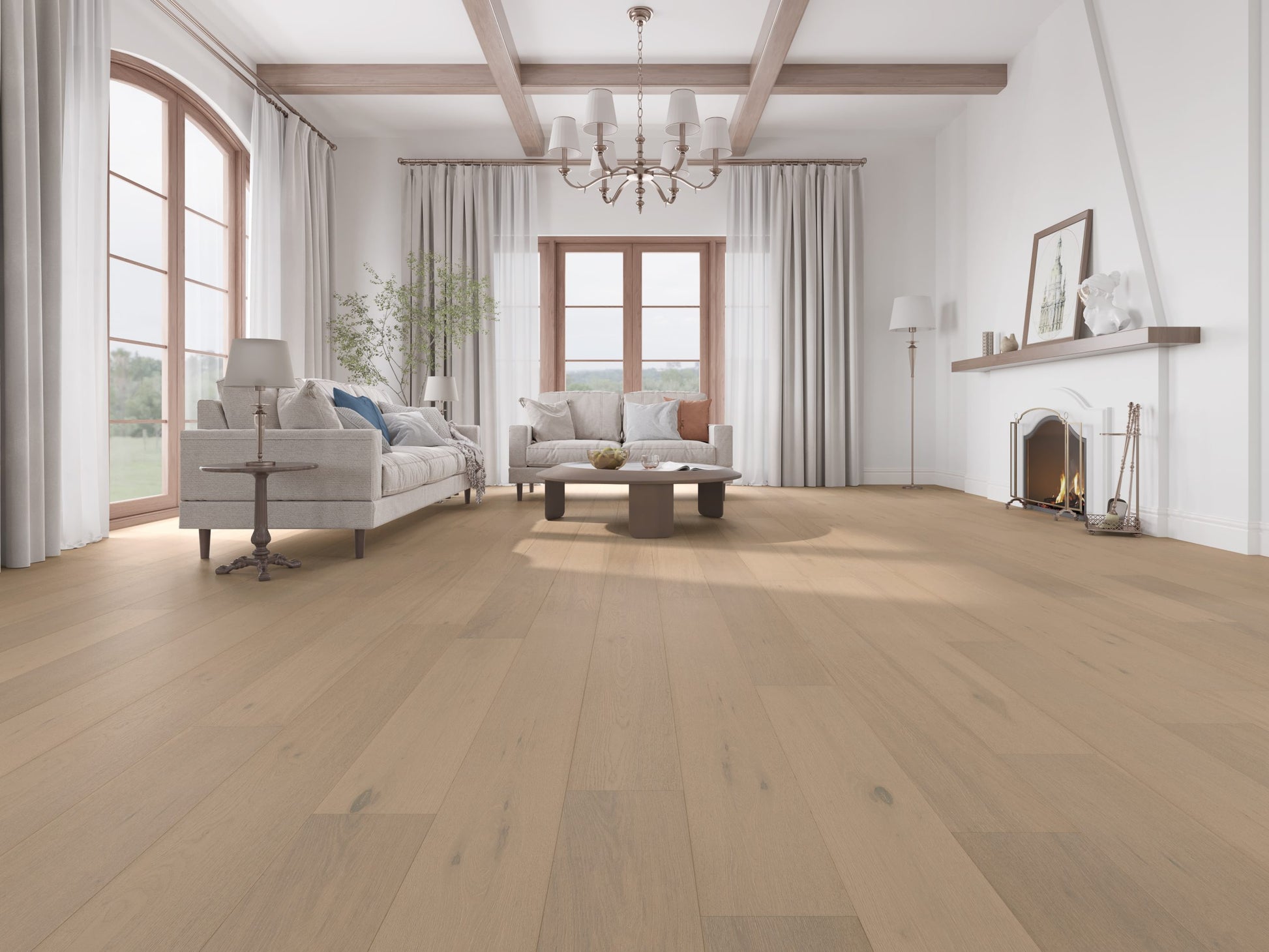 Seashell Classique Oak Flooring 14/2mm installed in a bright spacious living room with light beige tones, coffered ceiling beams, and a lit fireplace.