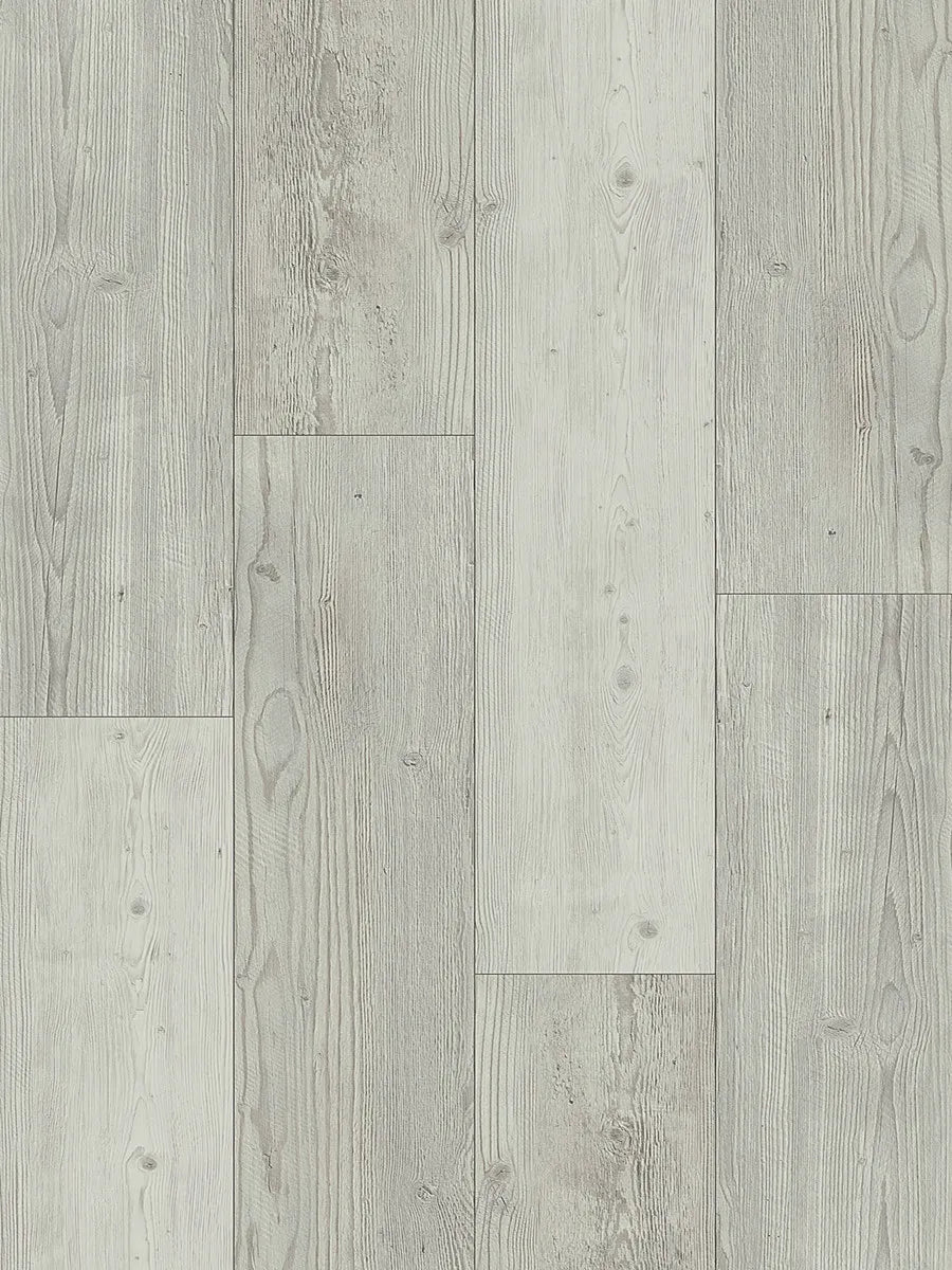 Close-up texture shot of Seashell Urban Laminate 12mm Flooring 12mm showing light grey wood grain planks with natural knots and subtle variation.