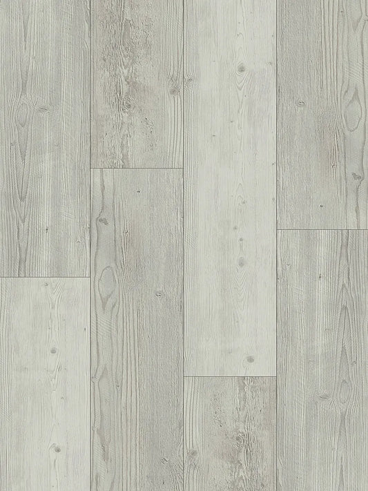 Close-up texture shot of Seashell Urban Laminate 12mm Flooring 12mm showing light grey wood grain planks with natural knots and subtle variation.