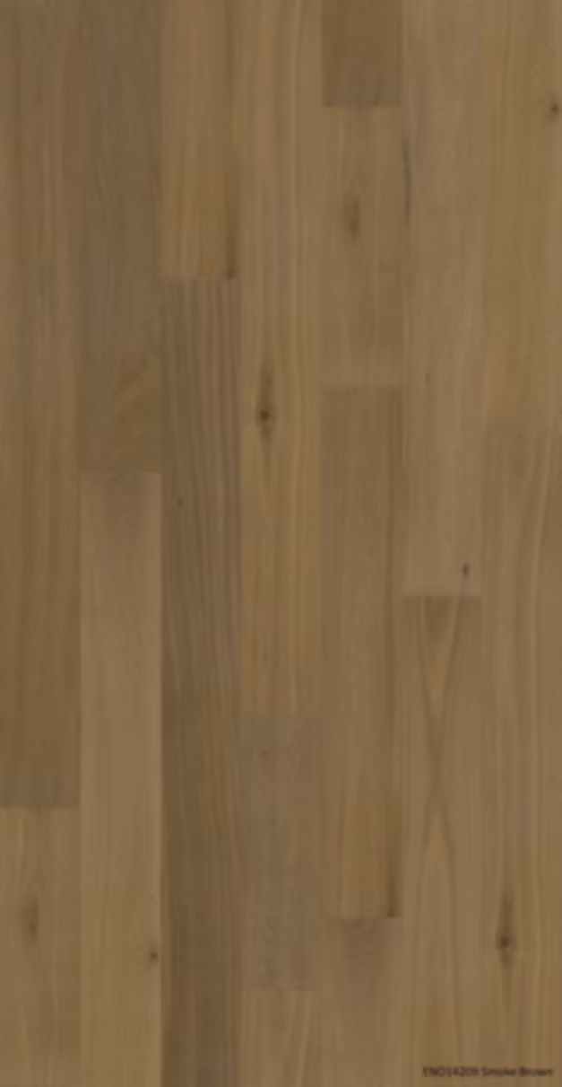 Close-up texture swatch of Smoke Brown Classique Oak Flooring 14/2mm showing warm brown tones, natural grain variation, and subtle knot detailing across vertical planks.