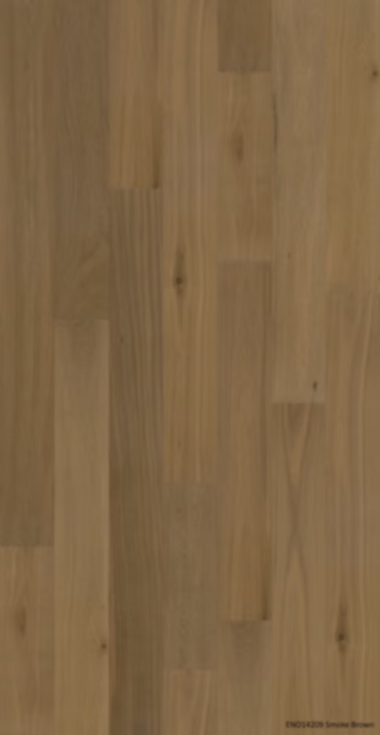 Close-up texture swatch of Smoke Brown Classique Oak Flooring 14/2mm showing warm brown tones, natural grain variation, and subtle knot detailing across vertical planks.