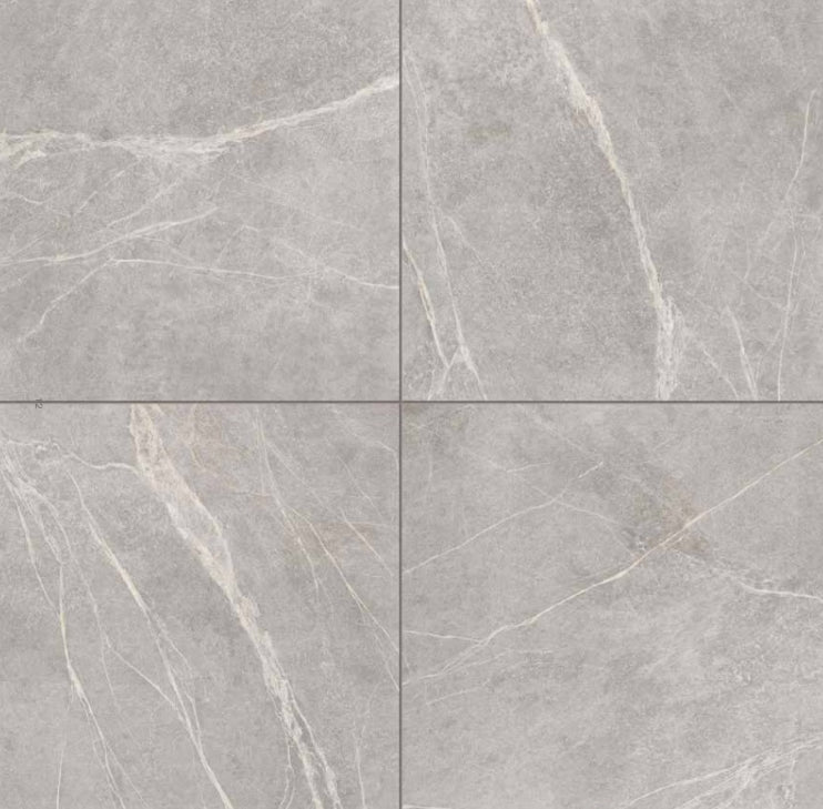 Four tiles of Soap Stone Grey 600x600mm arranged in a grid, showcasing natural grey marble-effect veining and a smooth matte finish.