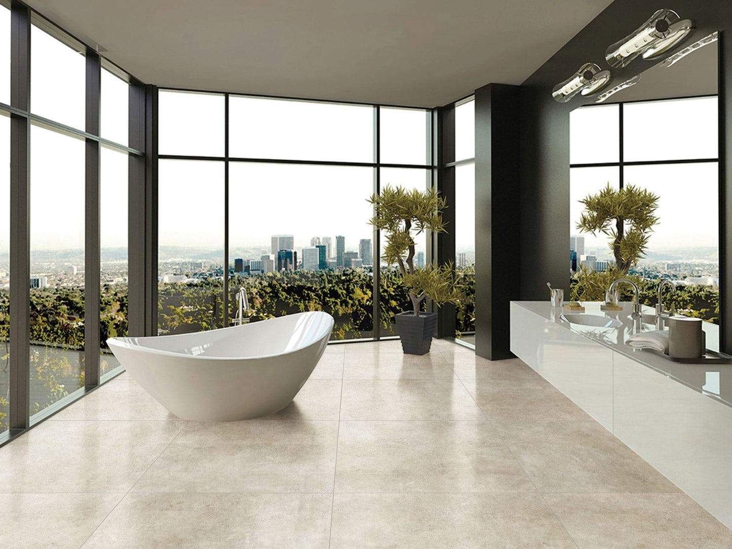 Stella Beige Lappato 600x600mm floor tiles in a luxury high-rise bathroom featuring a freestanding white soaking tub and panoramic city views.