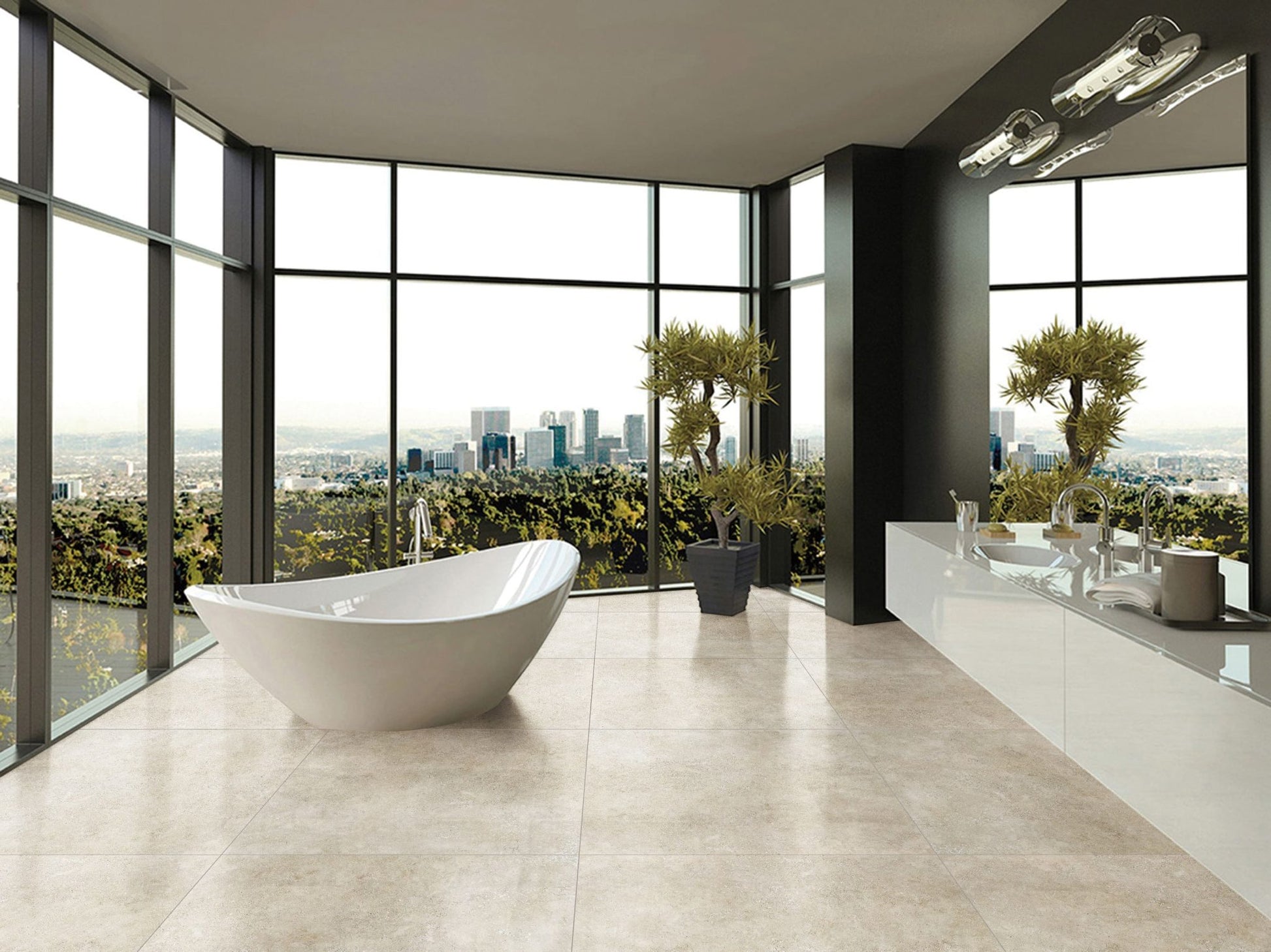 Stella Beige Lappato 600x600mm floor tiles in a luxury high-rise bathroom featuring a freestanding white soaking tub and panoramic city views.