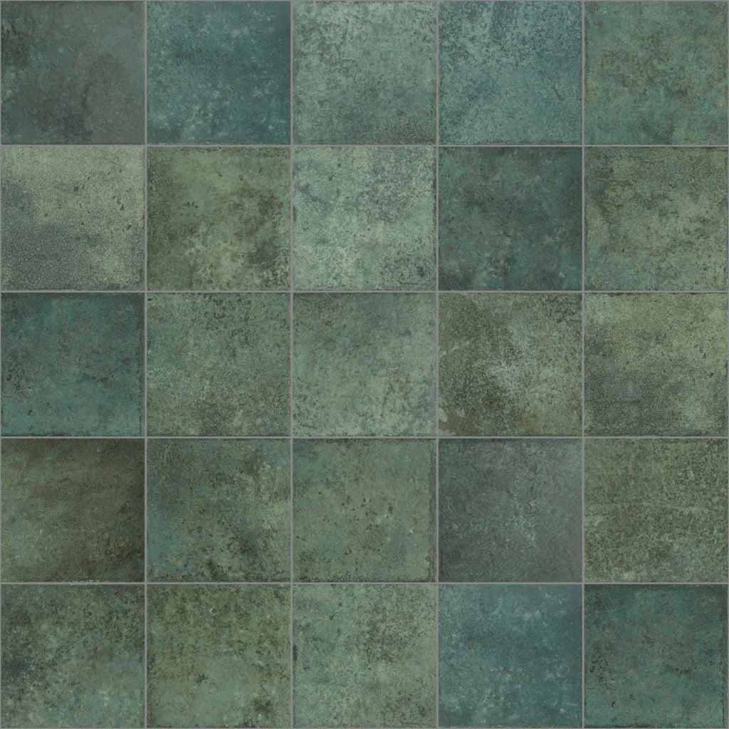 Close-up texture grid of Tahiti Emerald Anti-slip 147x147mm tiles showing varied green and teal mottled matt finish with grey grout joints.
