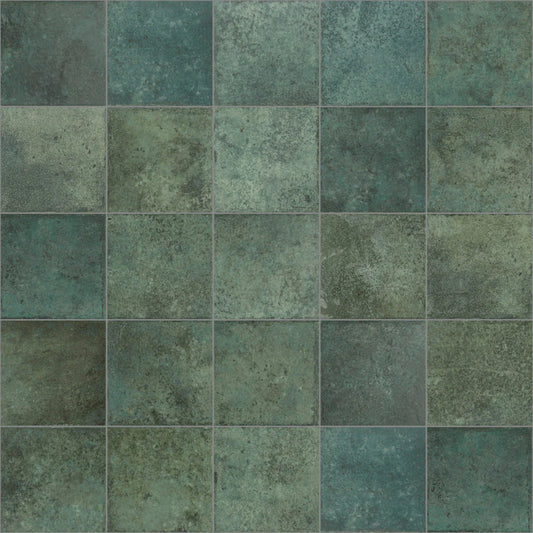 Close-up texture grid of Tahiti Emerald Anti-slip 147x147mm tiles showing varied green and teal mottled matt finish with grey grout joints.