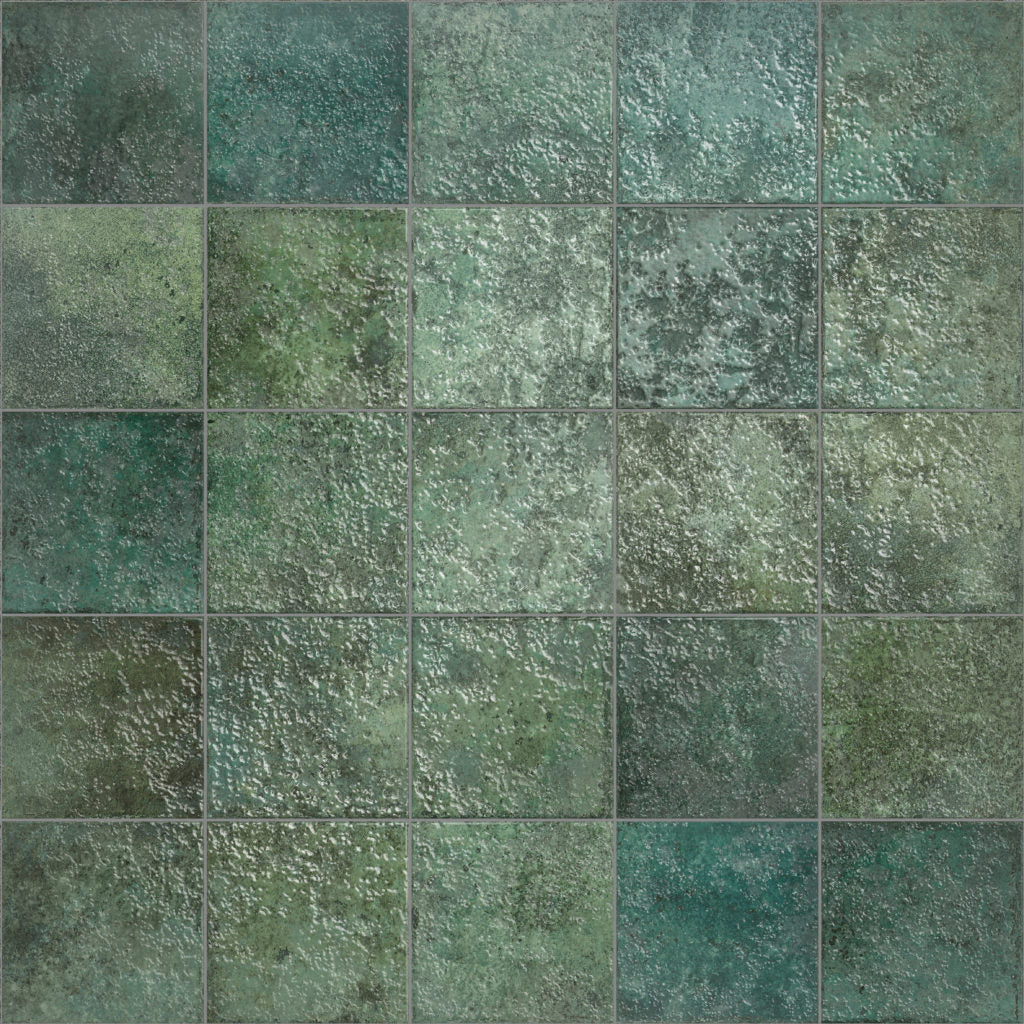 Close-up texture shot of Tahiti Emerald Glossy 147x147mm square tiles showing varied green and teal tones with a mottled, weathered surface finish.