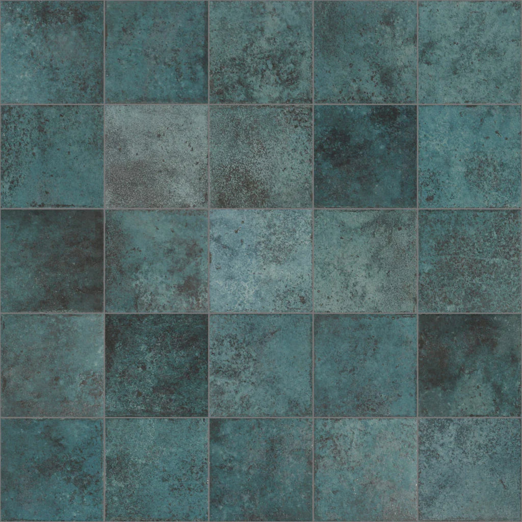 Flat lay of Tahiti Turquoise Anti-slip 147x147mm square tiles showing varied teal and dark patchy mottled surface finish across a 5x5 grid layout.