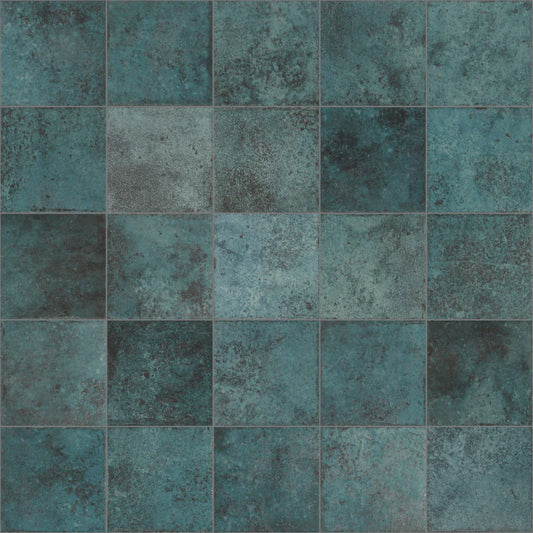 Flat lay of Tahiti Turquoise Anti-slip 147x147mm square tiles showing varied teal and dark patchy mottled surface finish across a 5x5 grid layout.