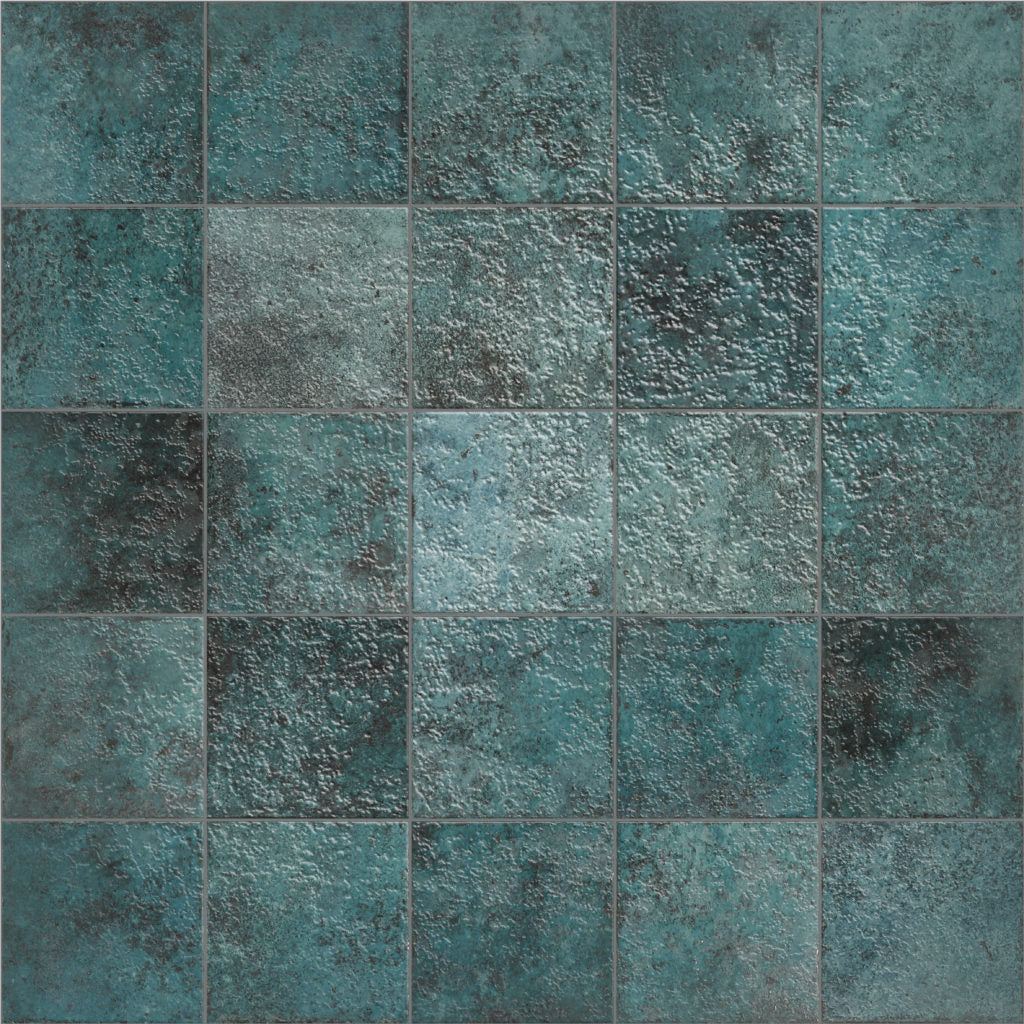 Close-up texture shot of Tahiti Turquoise Glossy 147x147mm square tiles featuring variegated teal and dark patina surface with grey grout joints.